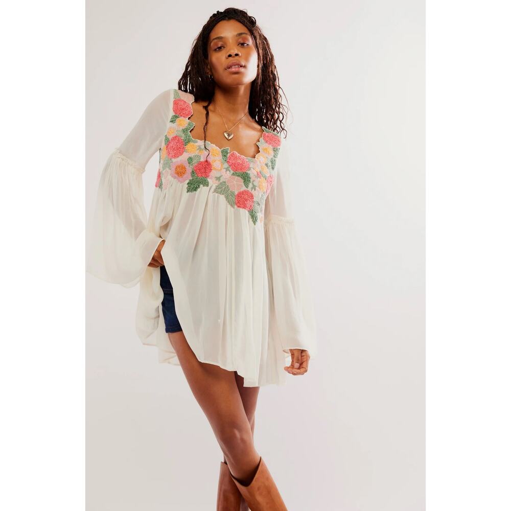 Free People Embroidered Sheer Cream Babydoll Style Top - Picture 1 of 5